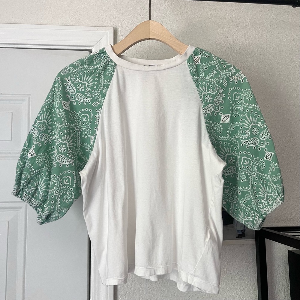 MAJE white green knit puff eyelet lace short sleeve‎ boxy cropped blouse tee